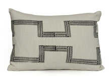 Load image into Gallery viewer, Hand blocked cotton lumbar cushion cover in a charcoal colour on an ivory cotton fabric