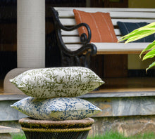 Load image into Gallery viewer, Lifestyle shot of hand blocked cotton cushion covers in blue and green colours