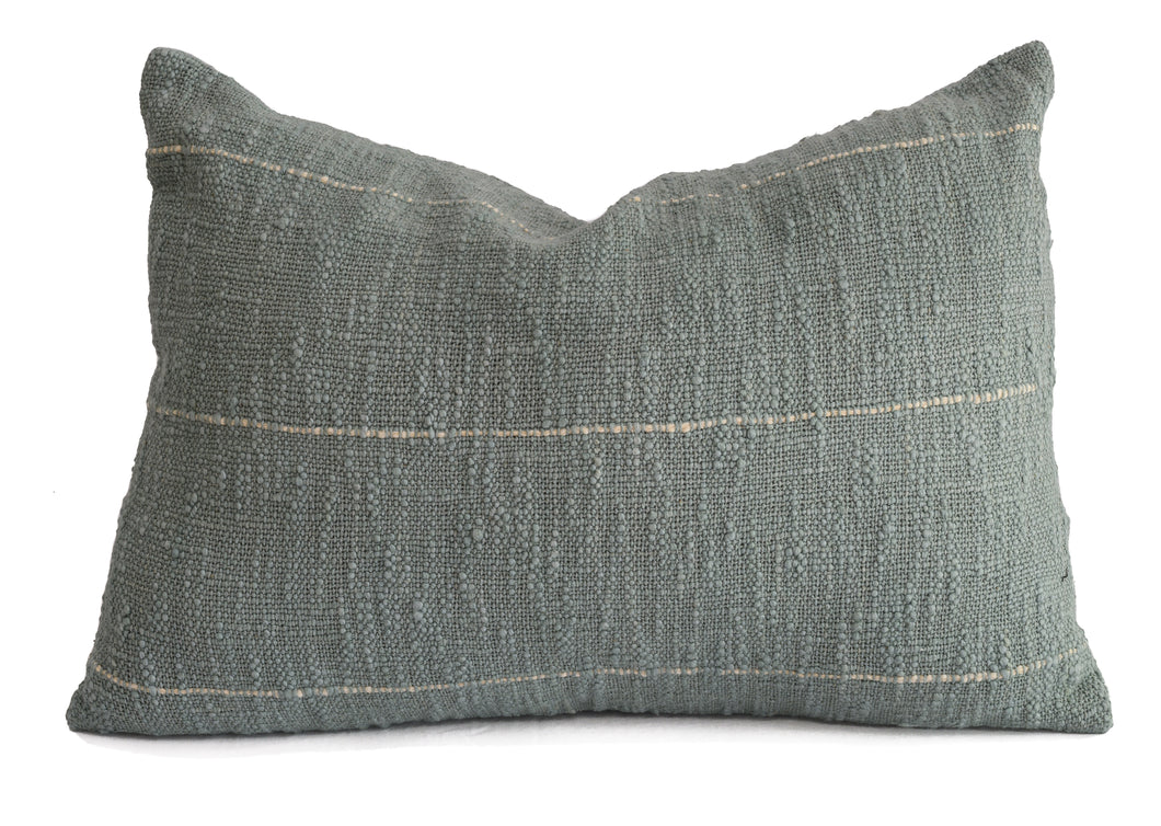 Hand woven feather blue colour lumbar cotton cushion cover