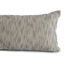 Load image into Gallery viewer, Close up of a Hand woven cotton extra long lumbar cushion cover in a navy blue colour
