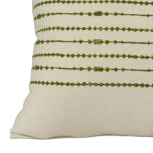 Load image into Gallery viewer, Close up of a Hand block printed green cotton cushion cover printed on an ivory base fabric
