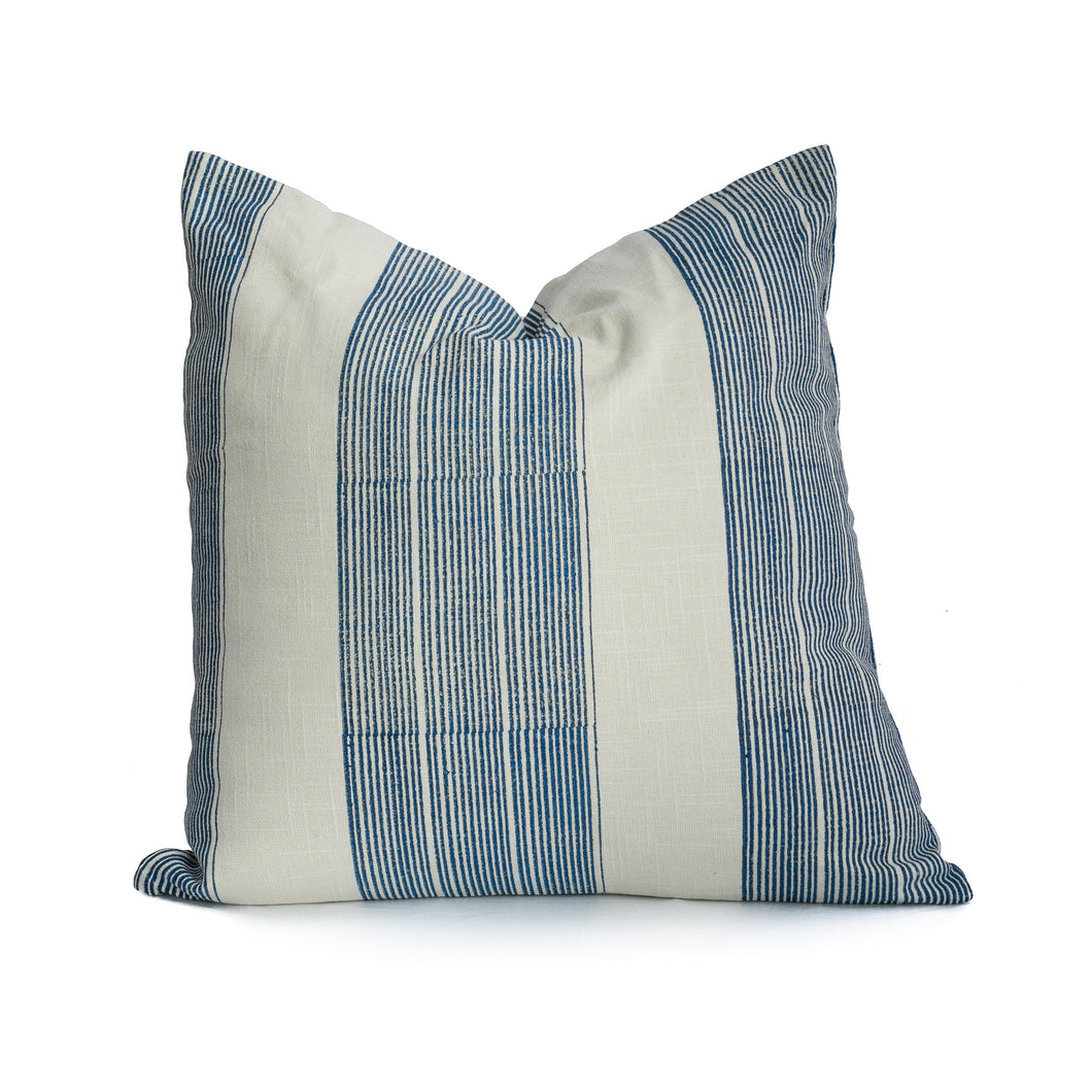 Hand blocked blue striped cotton cushion cover