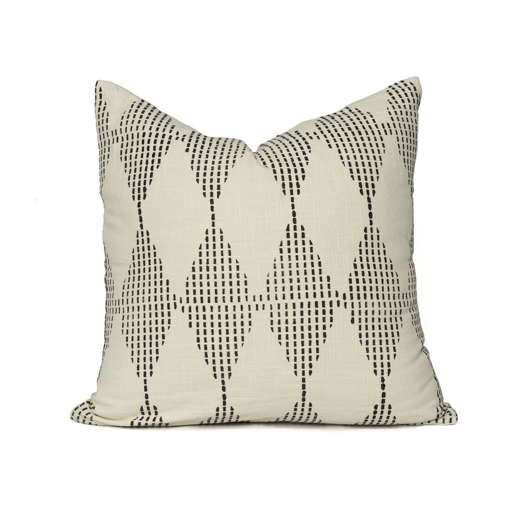 Hand blocked cotton cushion cover in a diamond design and charcoal colour