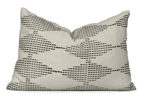Hand blocked charcoal diamond design lumbar cotton cushion cover