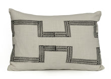 Load image into Gallery viewer, Hand blocked cotton lumbar cushion cover in a charcoal colour on an ivory cotton fabric
