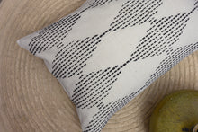 Load image into Gallery viewer, Hand blocked charcoal diamond design cotton cushion cover on a textured surface
