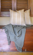 Load image into Gallery viewer, Hand woven Grey cotton throw blanket placed under block printed yellow cushion covers
