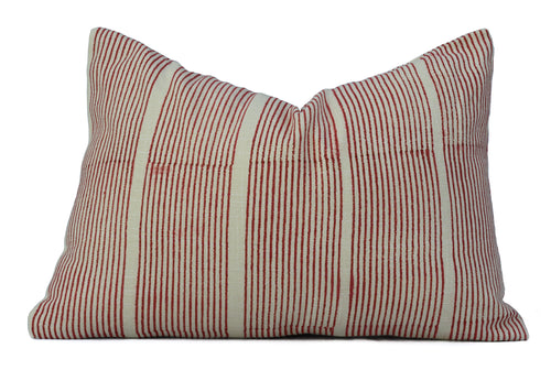 Hand Block printed red striped lumbar cotton cushion cover
