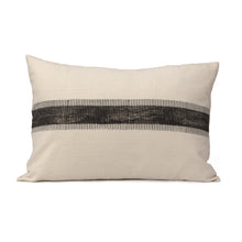 Load image into Gallery viewer, Charcoal block printed stripe design runs across this lumbar cotton cushion cover
