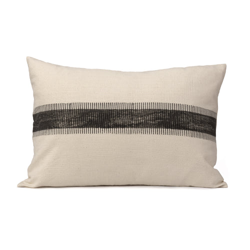 Charcoal block printed stripe design runs across this lumbar cotton cushion cover