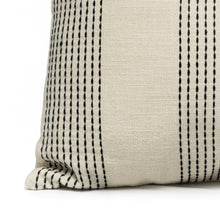 Load image into Gallery viewer, Close up of a Charcoal embroidered cotton cushion cover on an ivory base fabric
