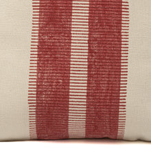 Load image into Gallery viewer, Close up of a Hand block printed red coloured cotton cushion cover printed on an ivory base fabric
