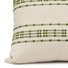 Load image into Gallery viewer, Close up of a Green embroidered cotton lumbar cushion cover
