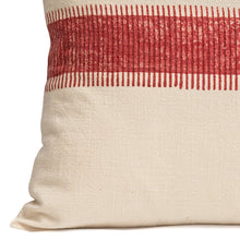 Load image into Gallery viewer, Close up of a Hand block printed red striped cotton lumbar cushion cover
