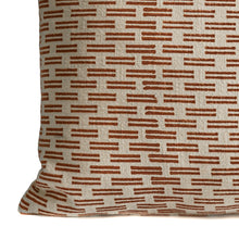 Load image into Gallery viewer, Close up of a Hand block printed Terracotta cotton lumbar cushion cover
