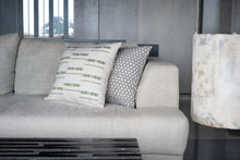 Load image into Gallery viewer, Green Embroidered cotton cushion cover next to a grey block printed cushion cover
