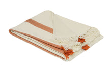 Load image into Gallery viewer, Hand woven woollen throw blanket in a terracotta and ivory colour
