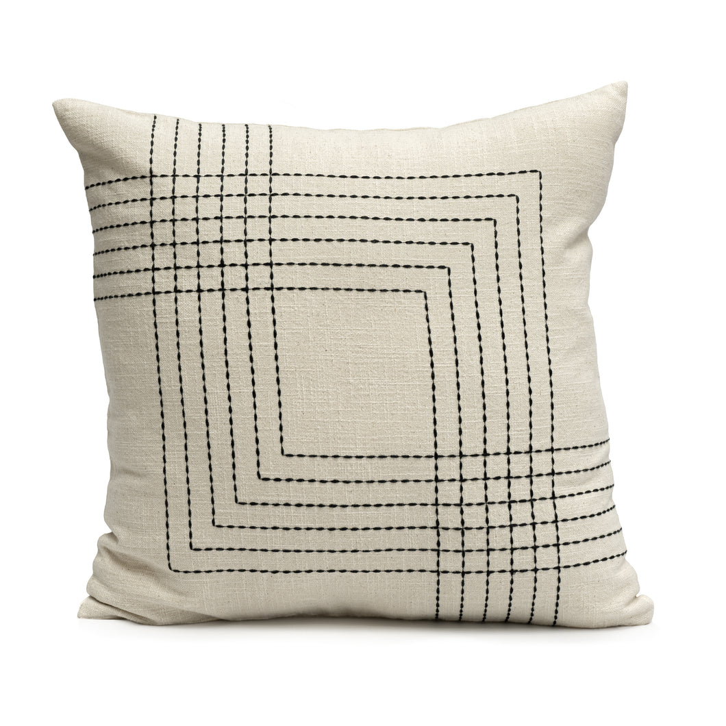 Charcoal embroidered cotton cushion cover on an ivory base fabric