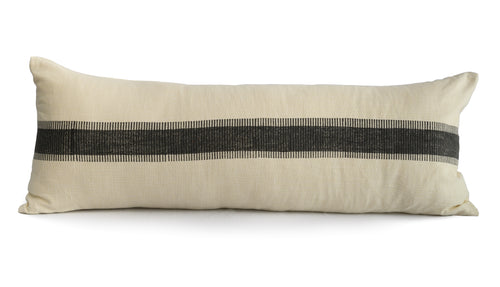 Charcoal stripe band printed in the middle of the extra long lumbar cotton cushion cover on an ivory base fabric.