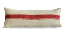 Load image into Gallery viewer, Hand block printed red striped cotton extra long lumbar printed on an ivory base fabric.

