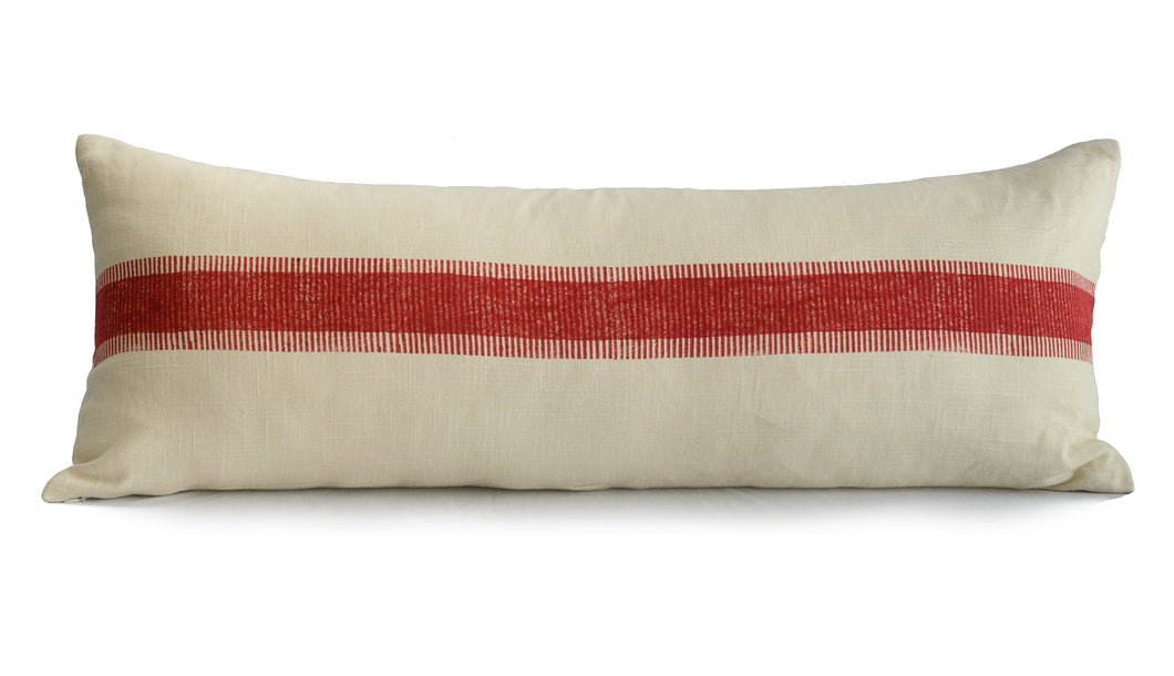 Hand block printed red striped cotton extra long lumbar printed on an ivory base fabric.