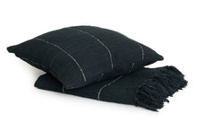 Load image into Gallery viewer, Hand woven Navy Blue cotton throw blanket with a Navy Blue cushion cover on top
