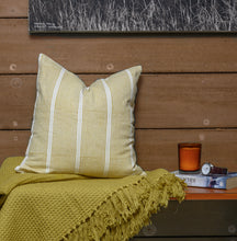 Load image into Gallery viewer, Hand woven Mustard Yellow  cotton throw blanket placed under a block printed Yellow cushion cover
