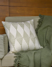 Load image into Gallery viewer, Hand woven Olive Green cotton throw blanket placed under a hand block printed cushion cover
